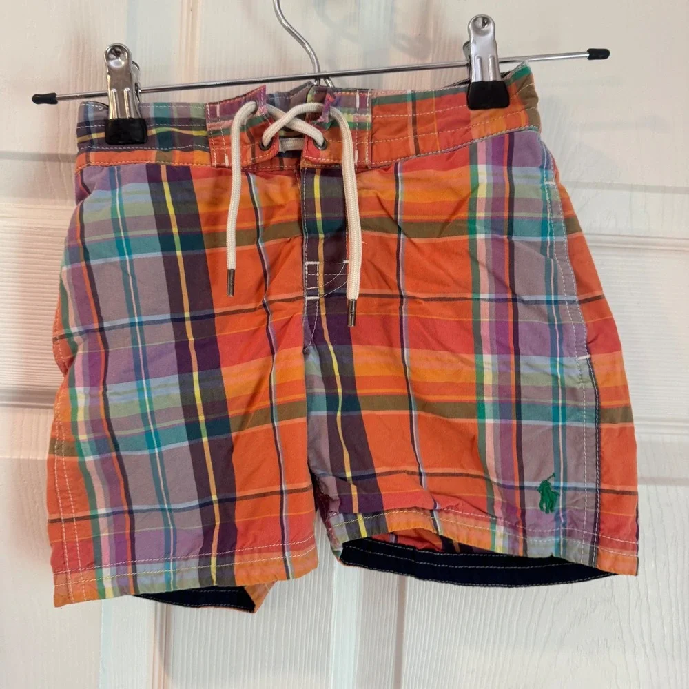 Polo Ralph Lauren Swim Trunks Kids 3T Orange Plaid Drawstring Mesh Lined 5465